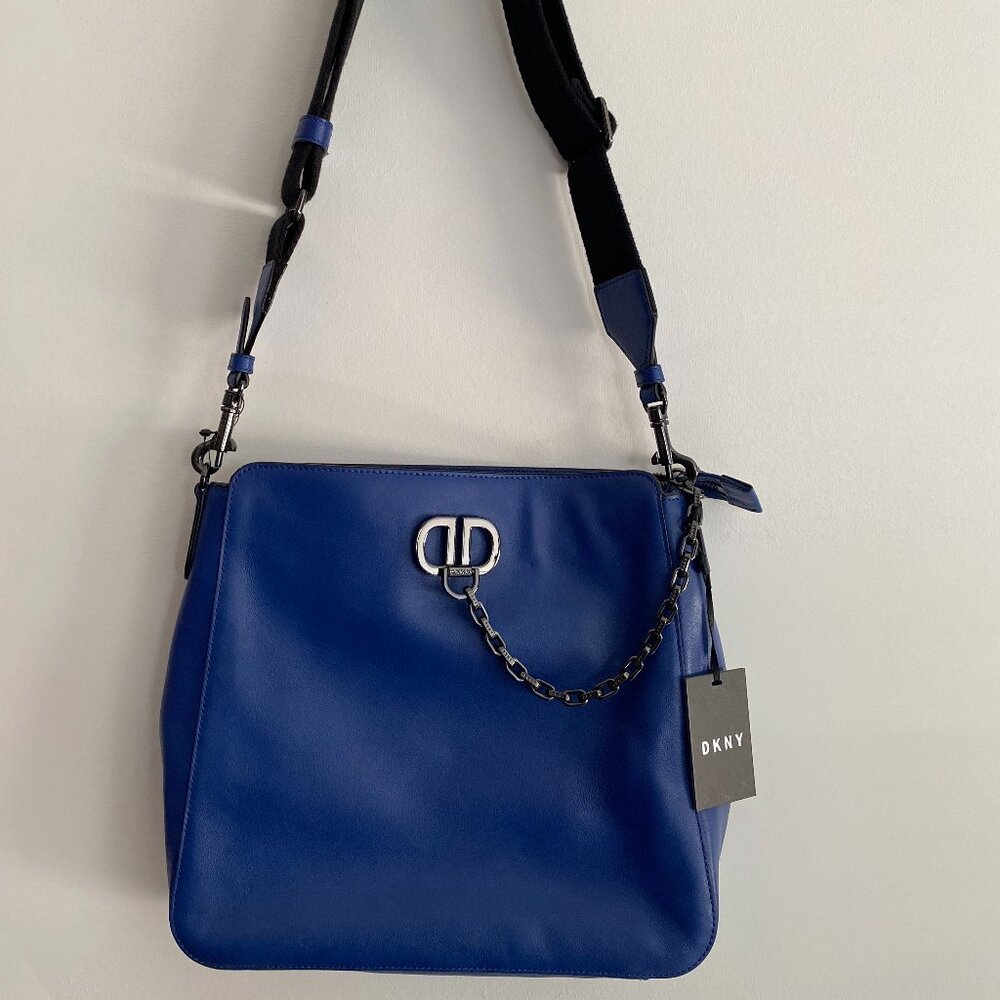 DKNY Women's Linton Leather Medium Messenger Crossbody Shoulder Bag - Blue